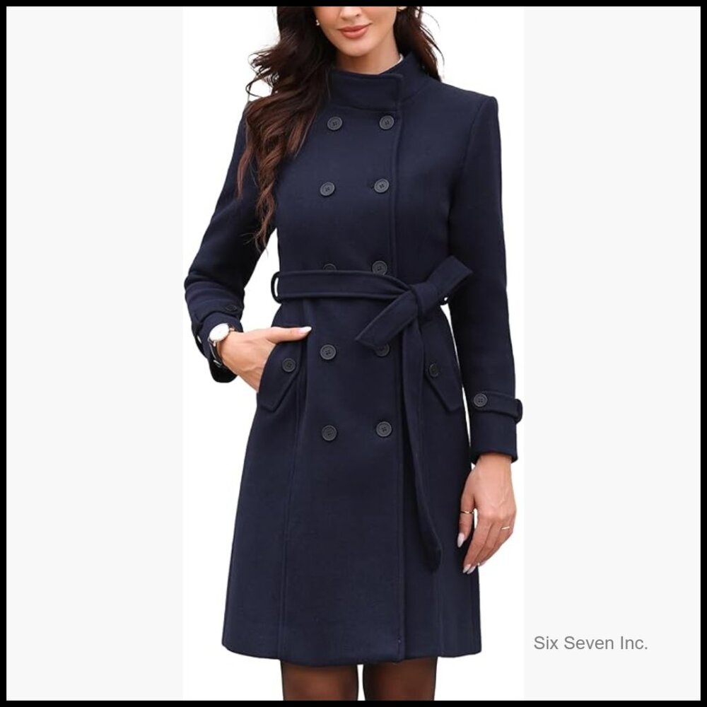 Polyester Pea Coat with Belt, Double Breasted Stand Collar Winter Coat